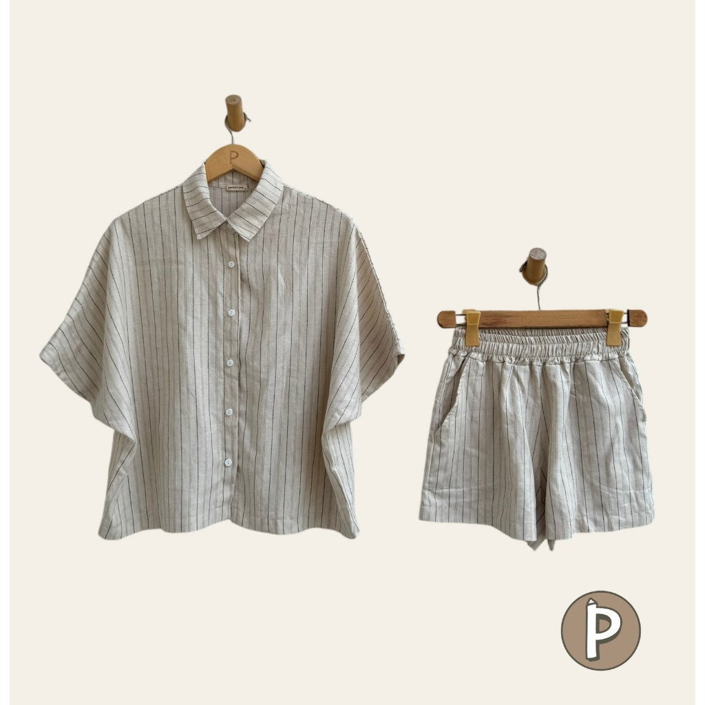 Pambahaymnl Batwing Buttoned Crumpled Linen Set