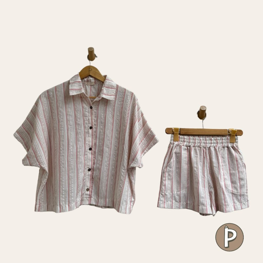 Pambahaymnl Batwing Buttoned Crumpled Linen Set