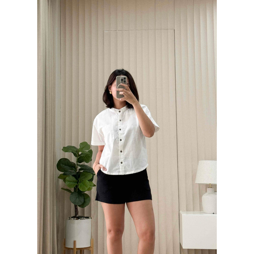 Pambahaymnl Chinese Collared Linen Top