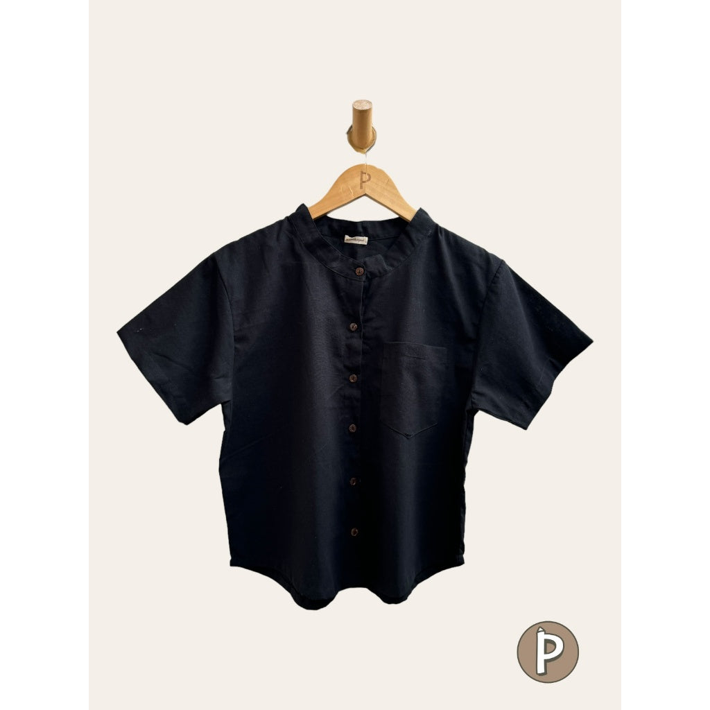 Pambahaymnl Chinese Collared Linen Top