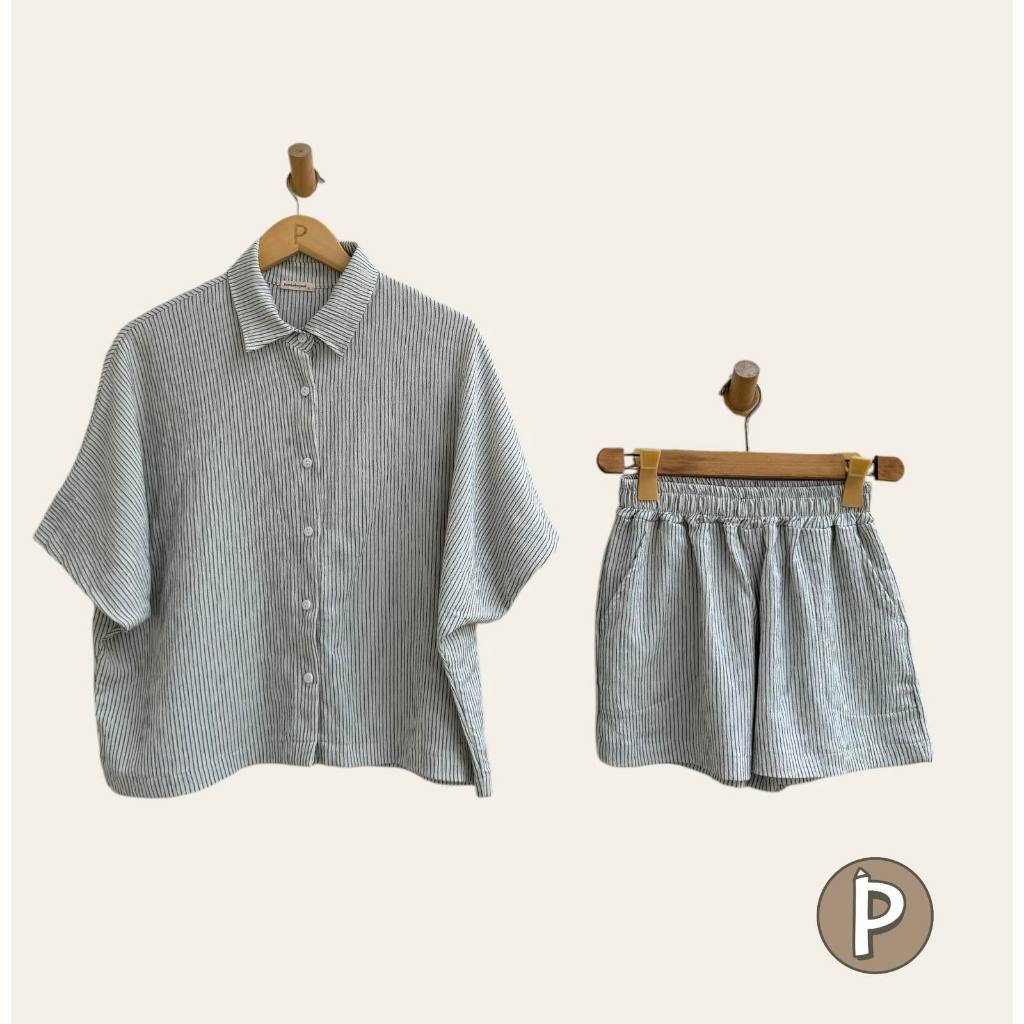 Pambahaymnl Batwing Buttoned Crumpled Linen Set