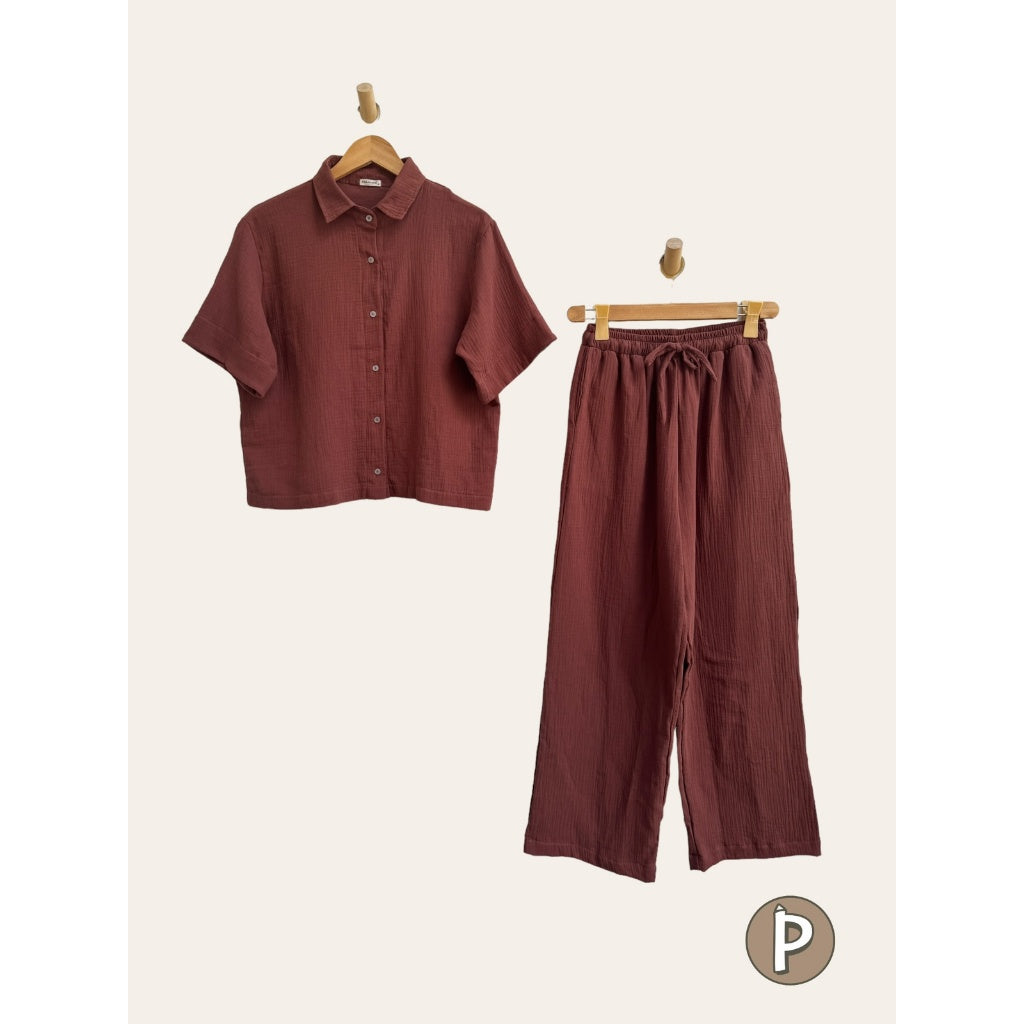 Pambahaymnl Gauze Buttoned Pants Set