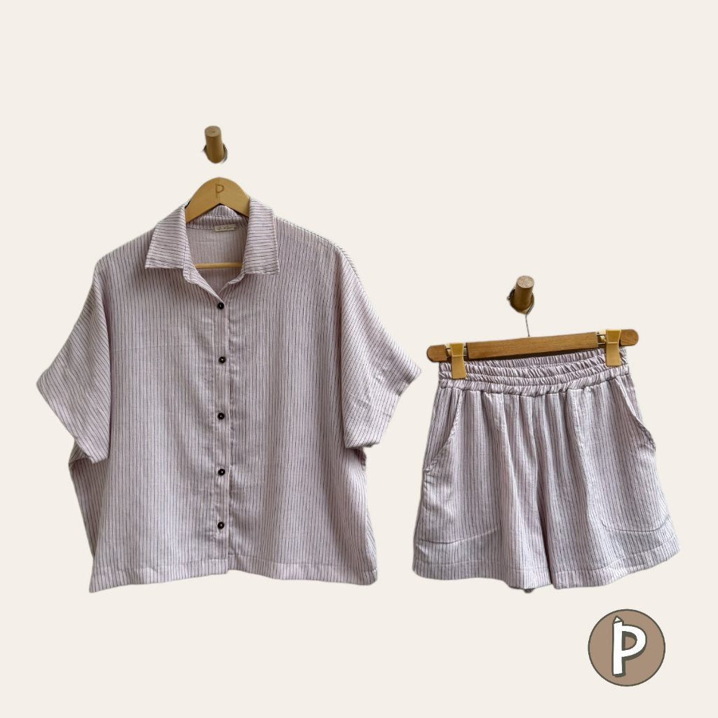 Pambahaymnl Batwing Buttoned Crumpled Linen Set