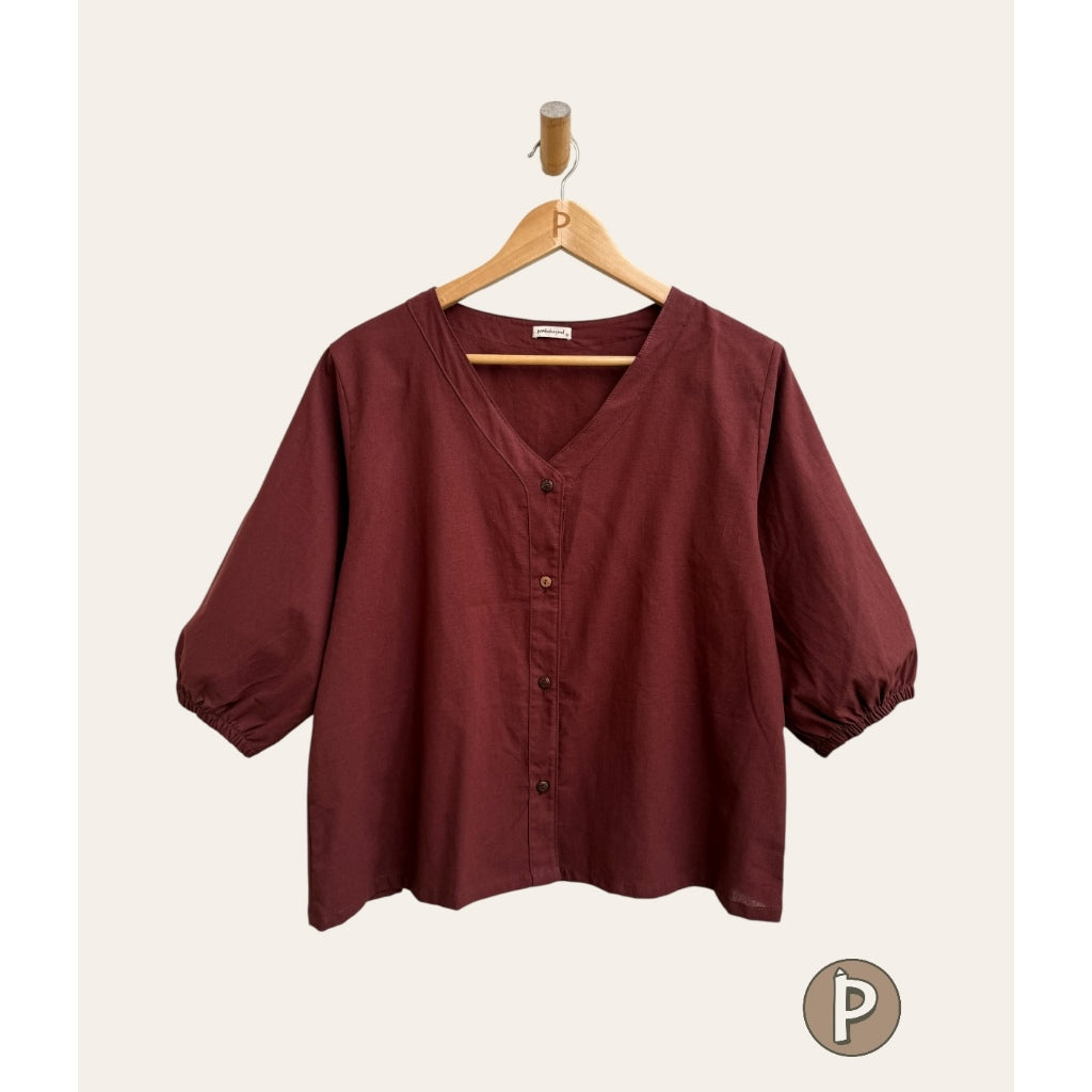 Pambahaymnl V-neck Button Volume Sleeve Blouse
