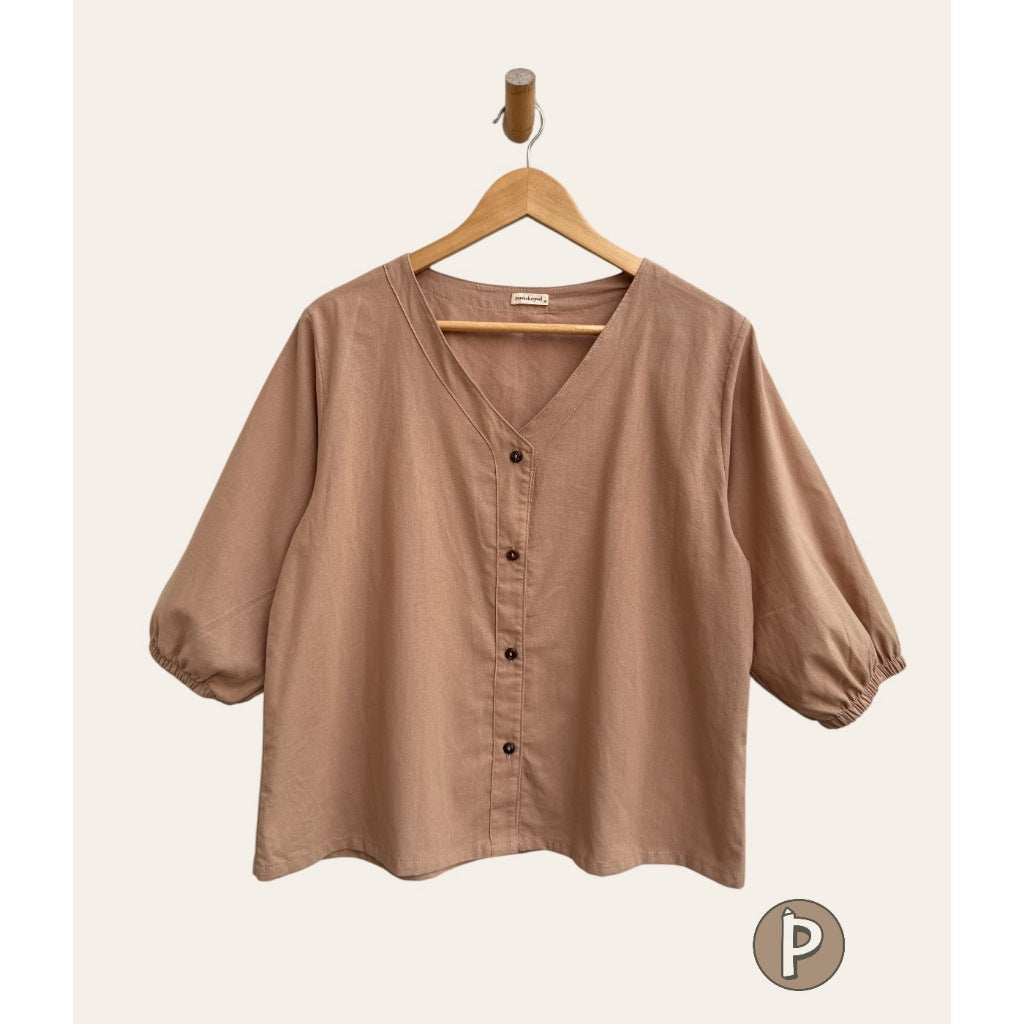 Pambahaymnl V-neck Button Volume Sleeve Blouse