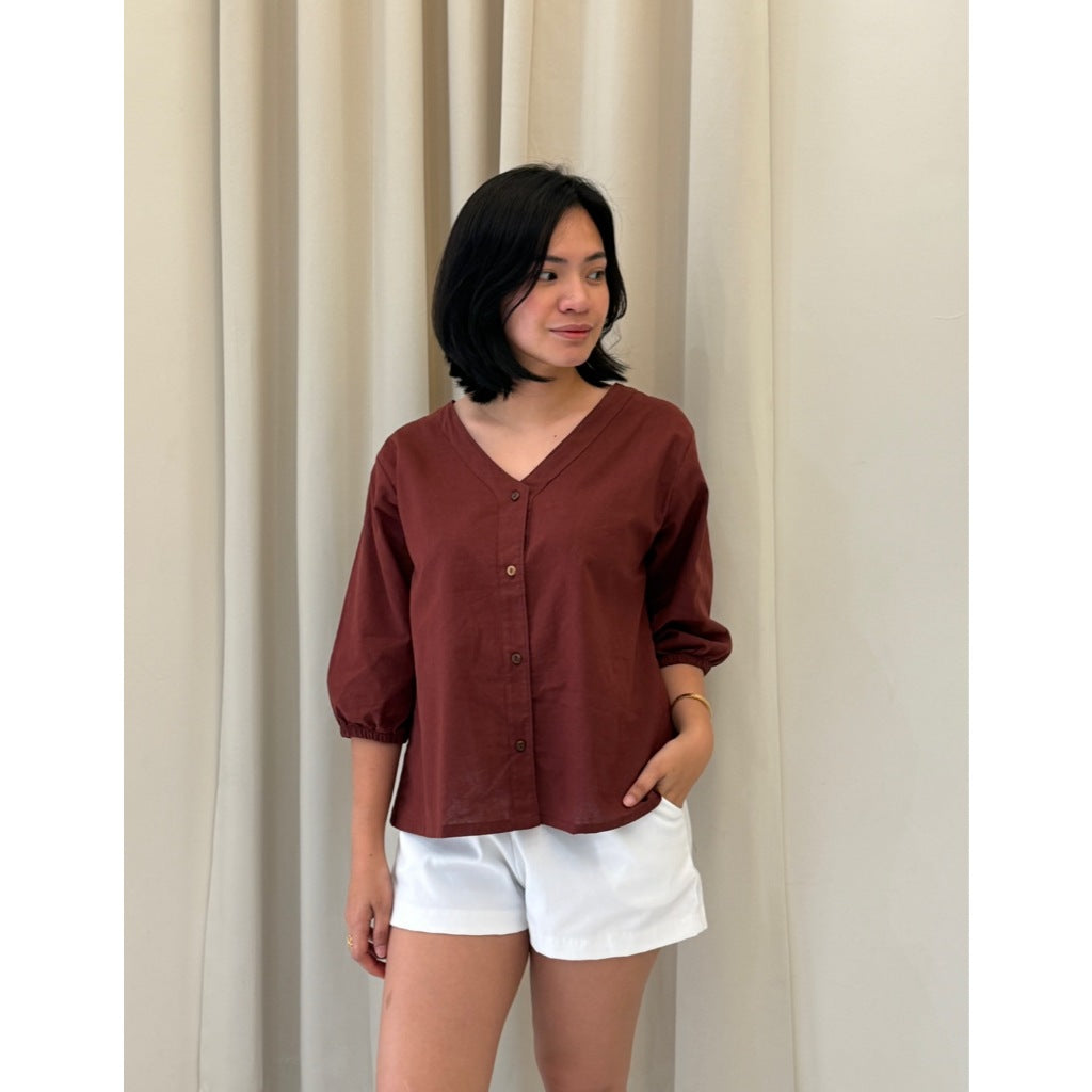 Pambahaymnl V-neck Button Volume Sleeve Blouse