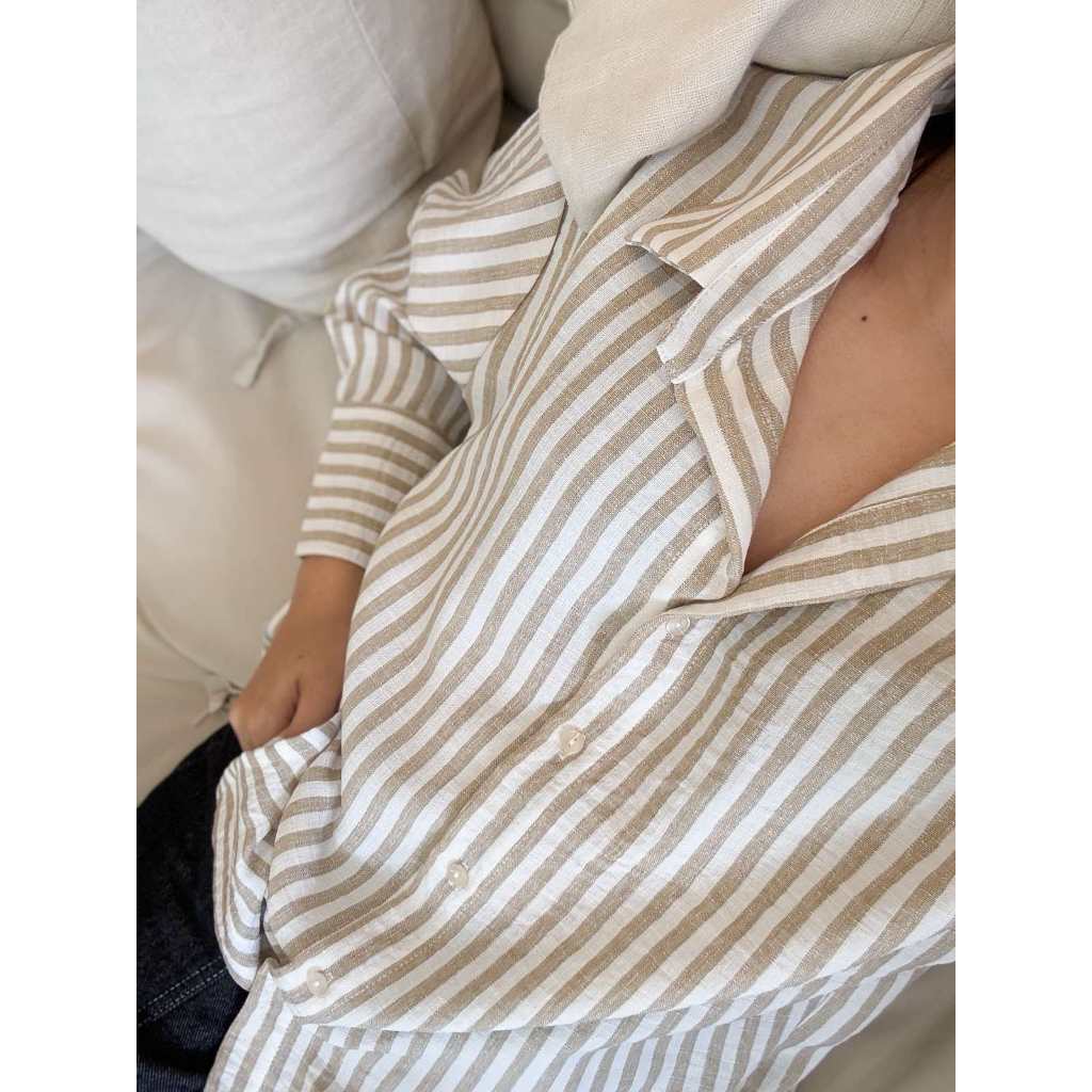 Pambahaymnl Lapel Stripes Linen Longsleeves