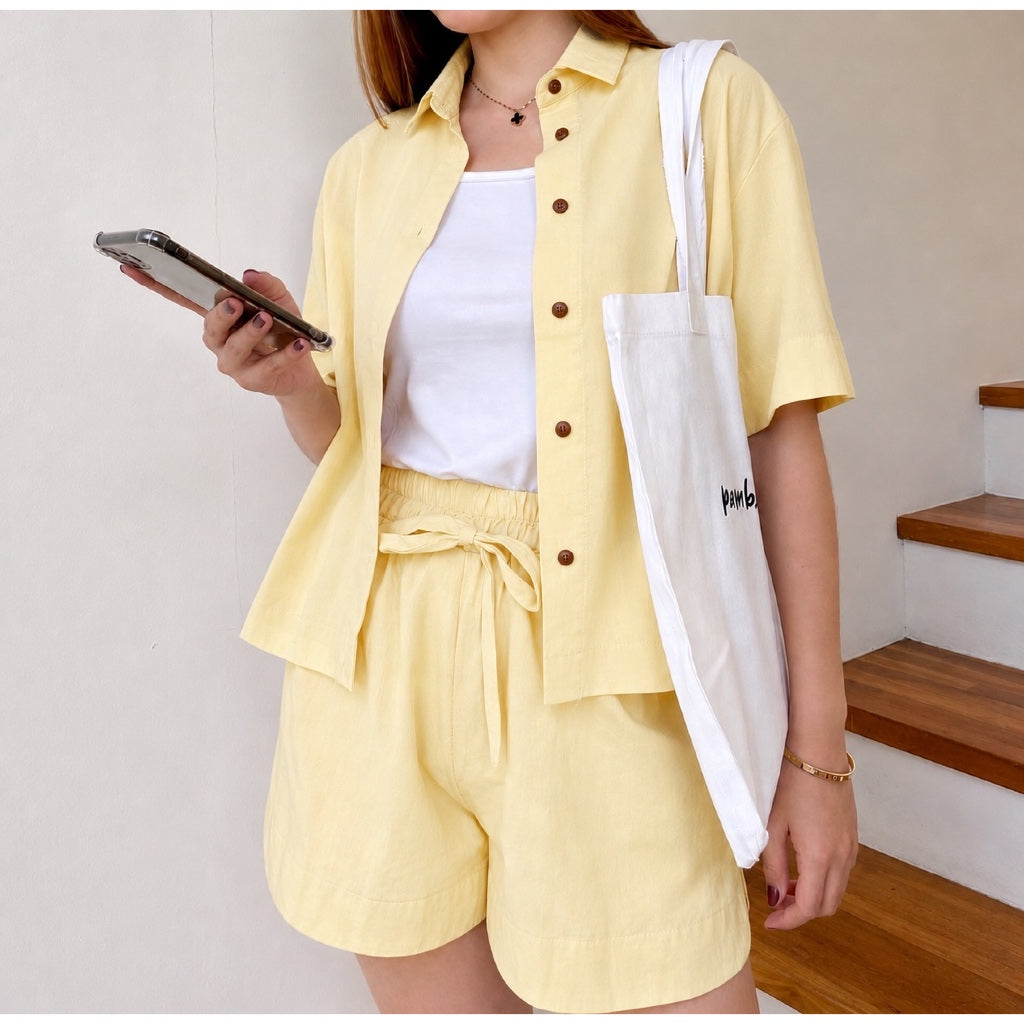Pambahaymnl Buttoned Linen Shorts Set